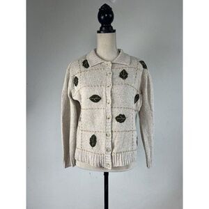 Liz Claiborne Villager Sport Vtg Cream Fall Leaf Cardigan Cottagecore Knit PL